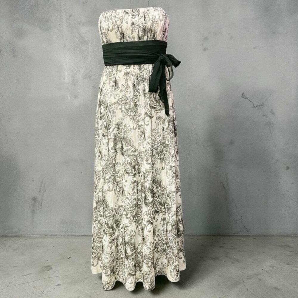 BCBG Max Azria Dress Strapless Ivory Black 100% Silk Paisley Sash Maxi NWT 12